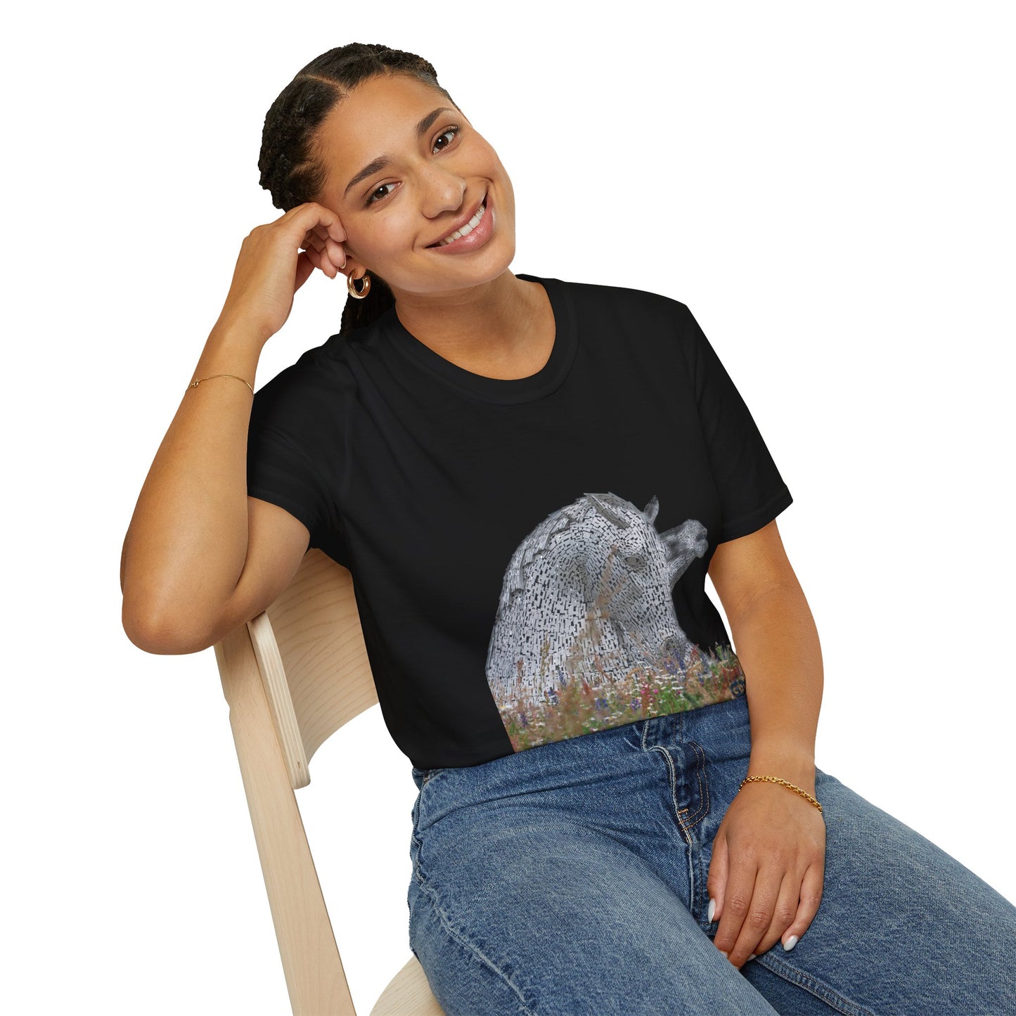 Scottish Kelpies with Meadow No Sky Photo Softstyle Unisex T-Shirt, Scotland Tee