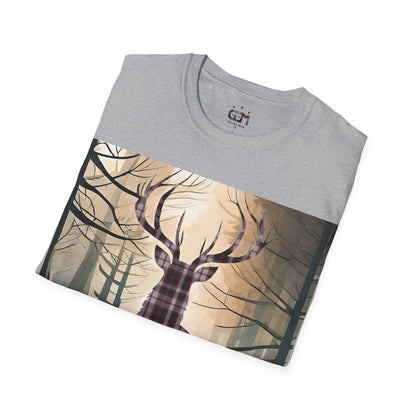 Stag Tartan Silhouette Softstyle T-Shirt - MacPherson Tartan, Unisex Tee, Scottish Scenery, Various Colours