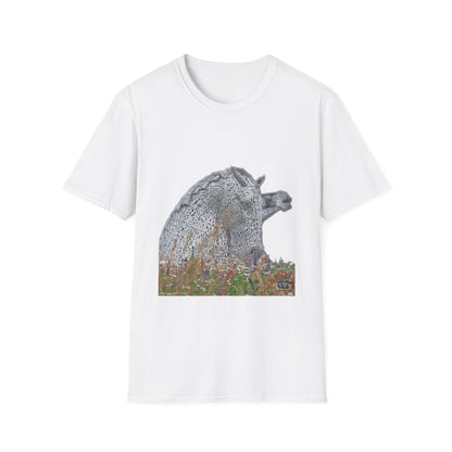 Scottish Kelpies with Meadow No Sky Photo Softstyle Unisex T-Shirt, Scotland Tee