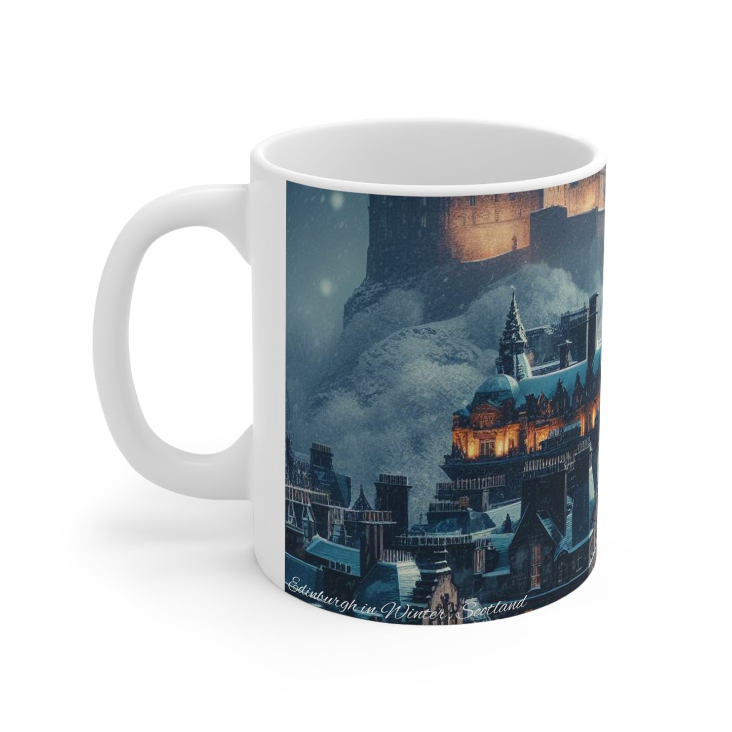 Edinburgh in Winter Mug, Coffee Cup, Tea Cup, Scottish Art, Scottish Landmarks, Scottish Nature, White