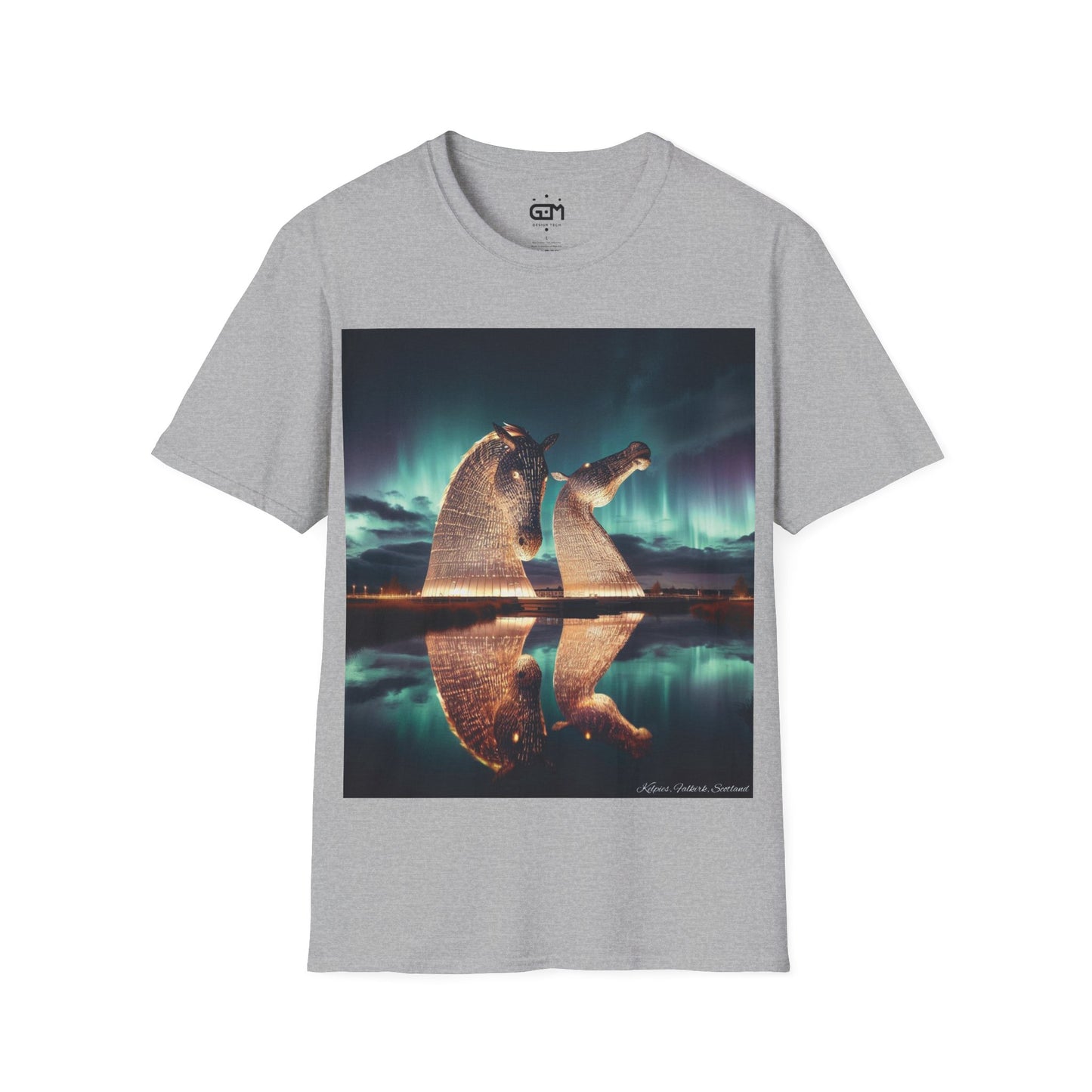 Kelpies with Northern Lights Softstyle T-Shirt, Unisex Tee, Scotland Shirt, Scottish Landmark, Nature, Scenery, Various Colours