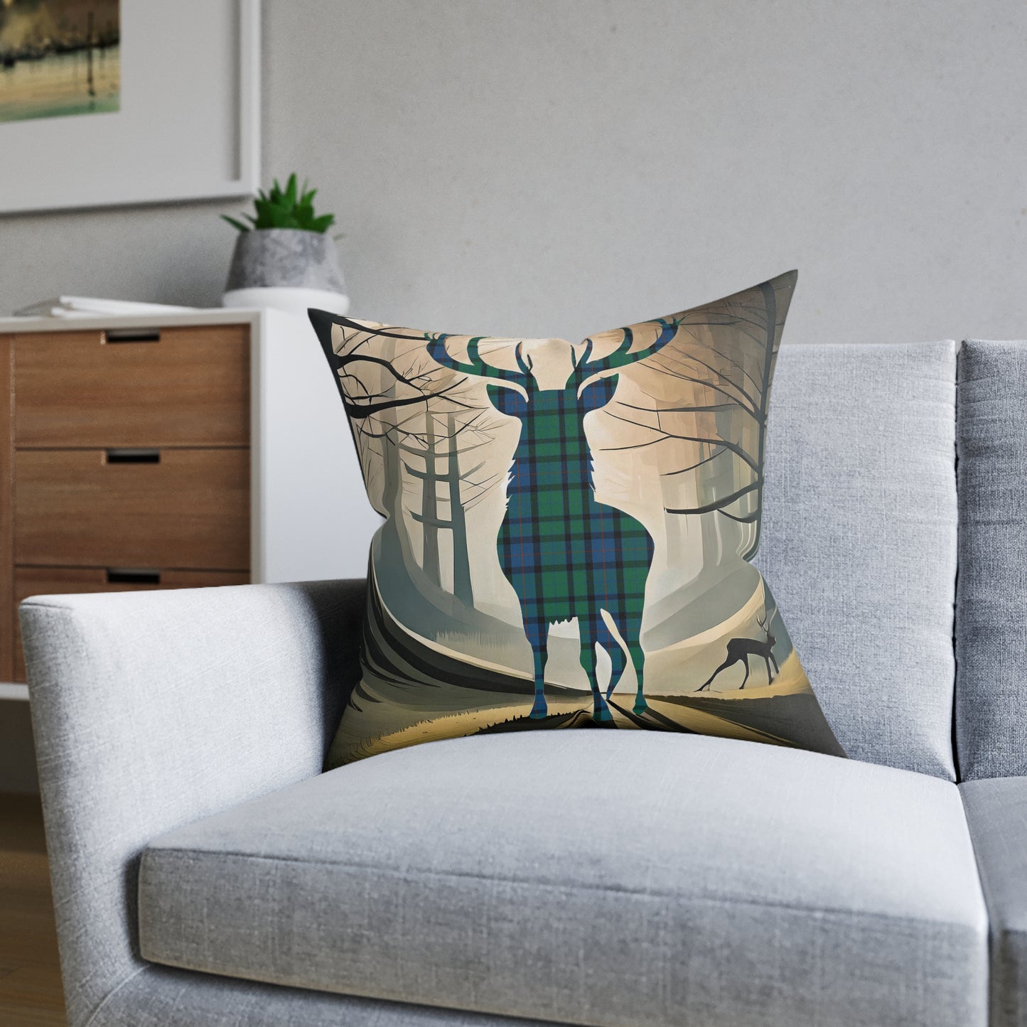 Reversible Square Cushion : Stag / Scotland Map - Flower of Scotland Tartan, Various Sizes