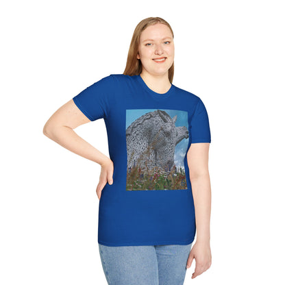 Scottish Kelpies with Meadow Photo Softstyle Unisex T-Shirt, Scotland Tee