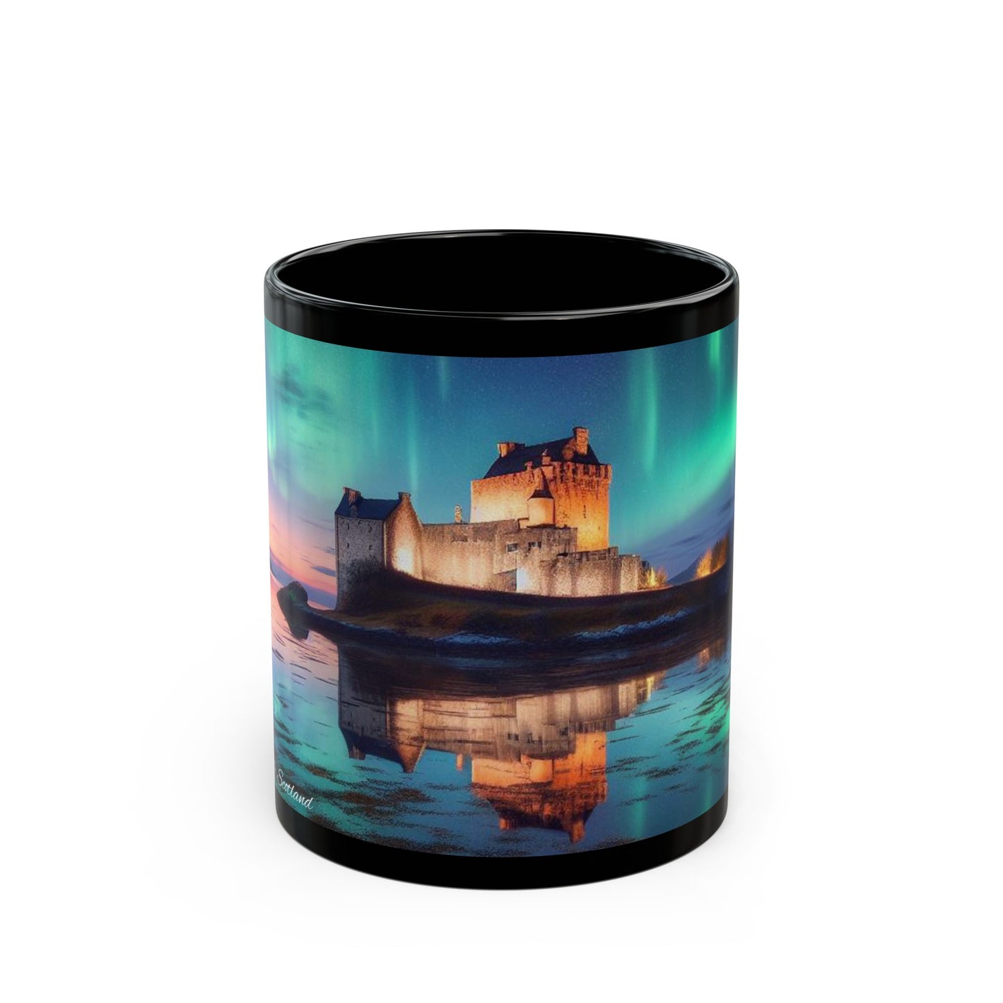 Eilean Donan Castle Northern Lights Mug, Coffee Cup, Tea Cup, Scottish Art, Scottish Landmarks, Scottish Nature, Black