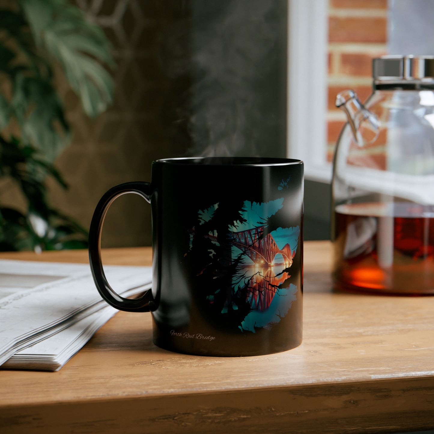 Forth Rail Bridge Scotland Carte Mug, Tasse à café, Tasse à thé, Art écossais, Nature écossaise, Monuments écossais, Noir