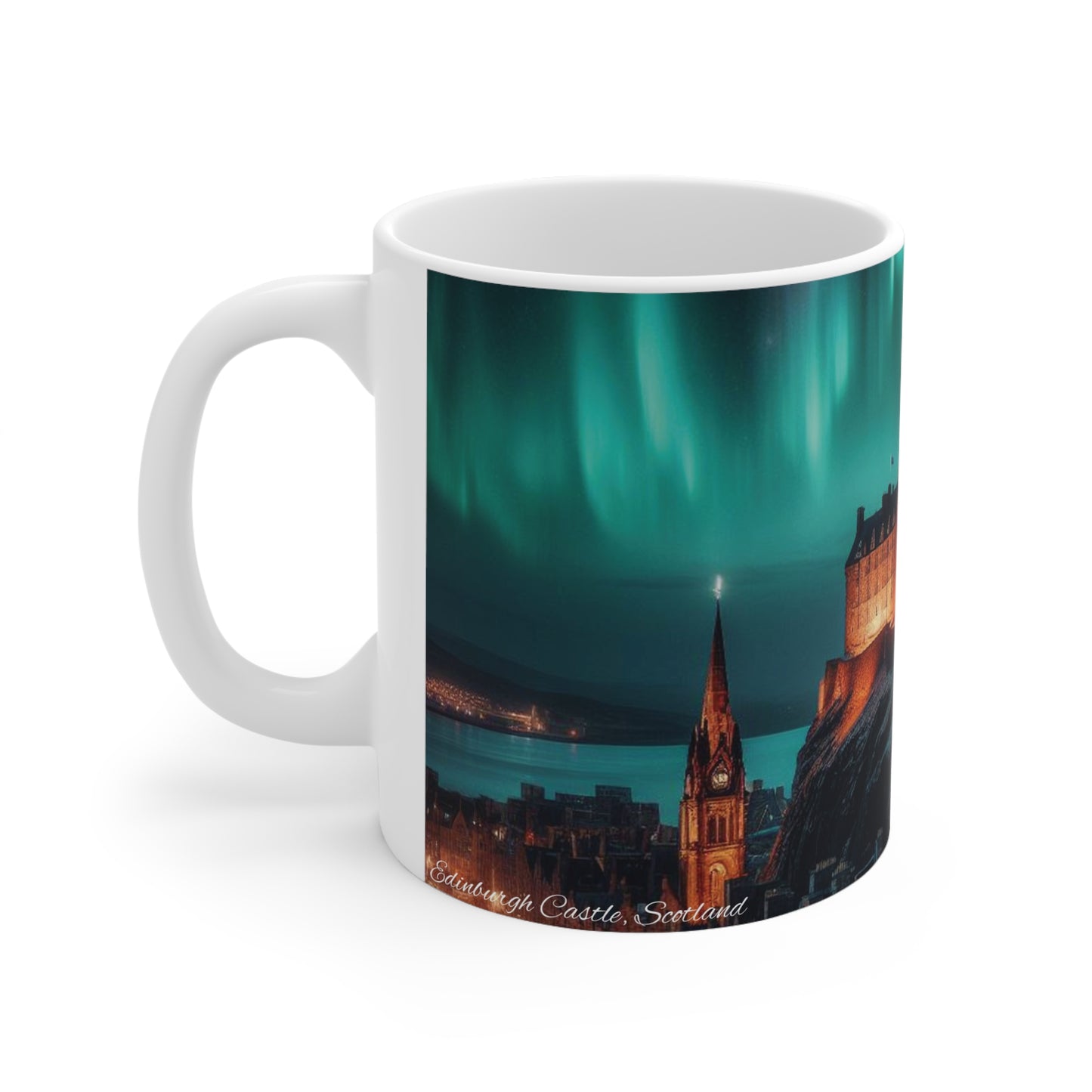 Edinburgh Castle Northern Lights Mug, Coffee Cup, Tea Cup, Scottish Art, Scottish Landmarks, Scottish Nature, White