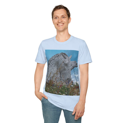 Kelpies with Meadow Photo Softstyle T-Shirt, Unisex Tee, Scottish Landmarks, Various Colours