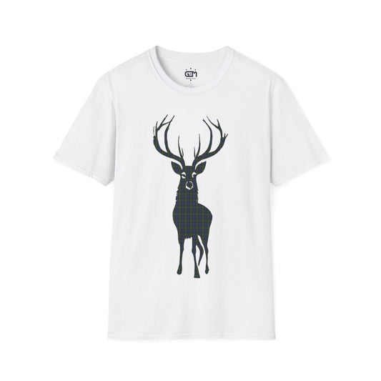 Tartan Stag Softstyle T-Shirt - Gordon Tartan, Unisex Tee, Scottish Scenery, Various Colours