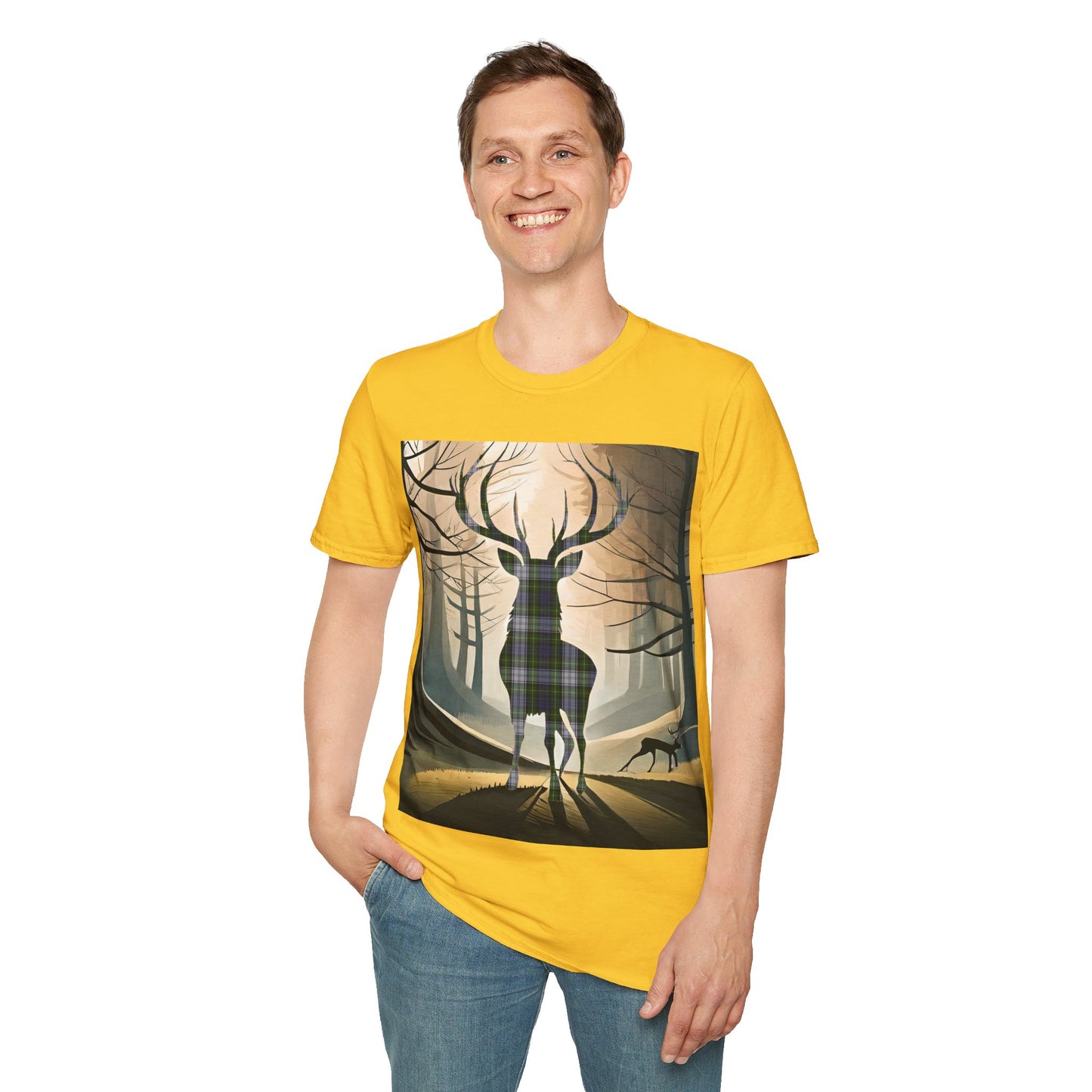 Stag Tartan Silhouette Softstyle T-Shirt - Gordon Dress Tartan, Unisex Tee, Scottish Scenery, Various Colours