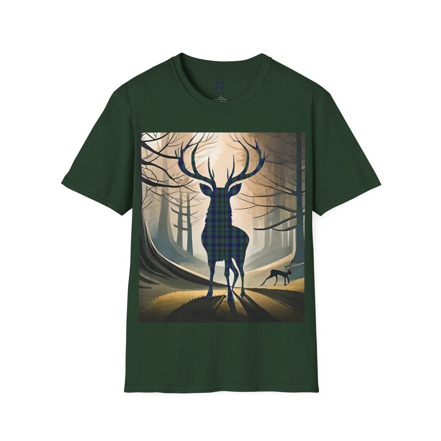 Stag Tartan Silhouette Softstyle T-Shirt - Miller Tartan, Unisex Tee, Scottish Scenery, Various Colours