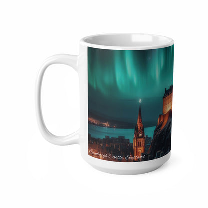 Edinburgh Castle Northern Lights Mug, Coffee Cup, Tea Cup, Scottish Art, Scottish Landmarks, Scottish Nature, White