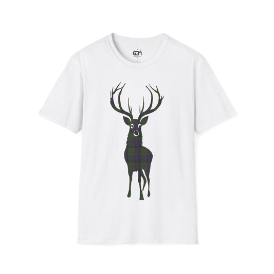 Tartan Stag Softstyle T-Shirt - MacDonald Tartan, Unisex Tee, Scottish Scenery, Various Colours