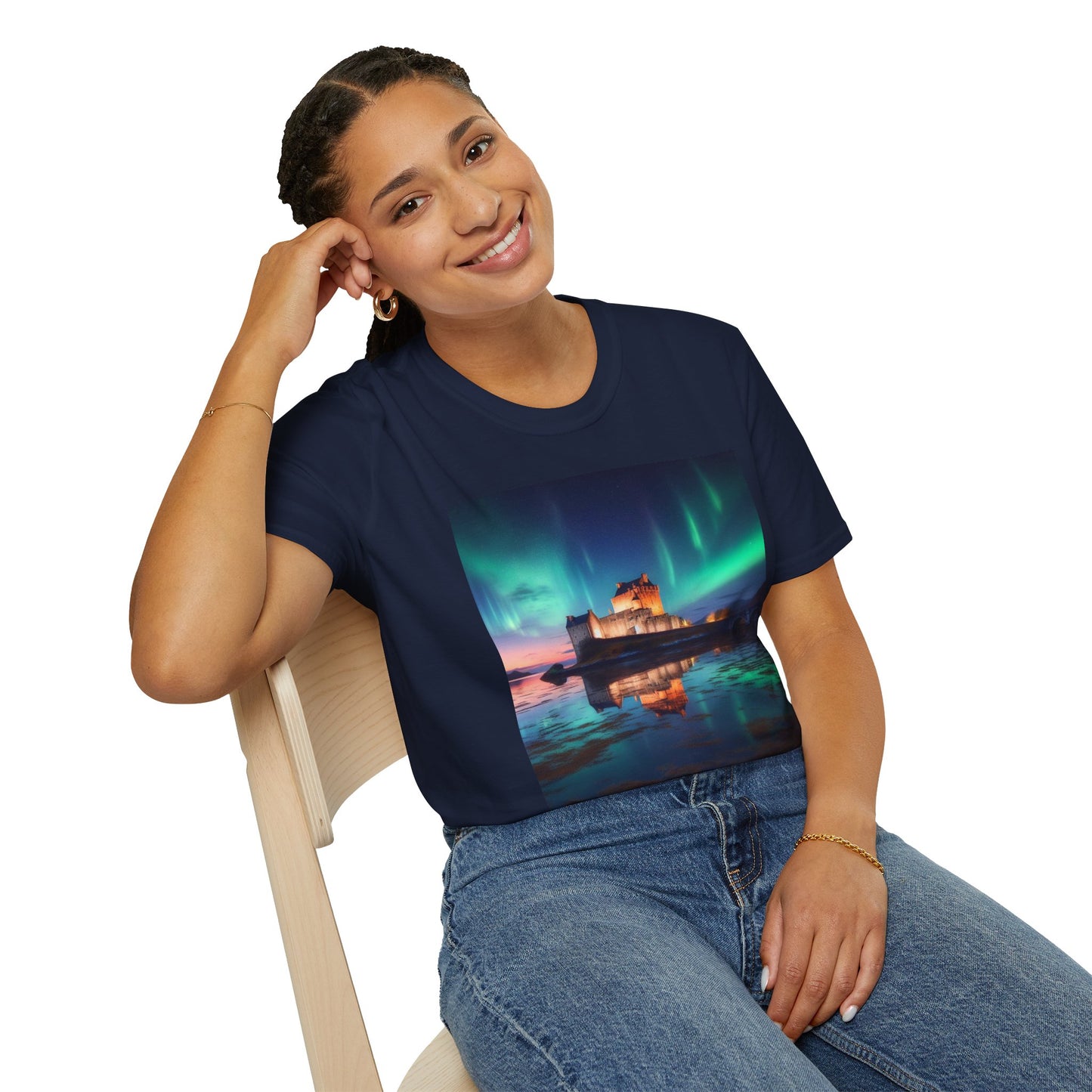 Eilean Donan Castle with Northern Lights Softstyle Unisex T-Shirt, Scotland Tee