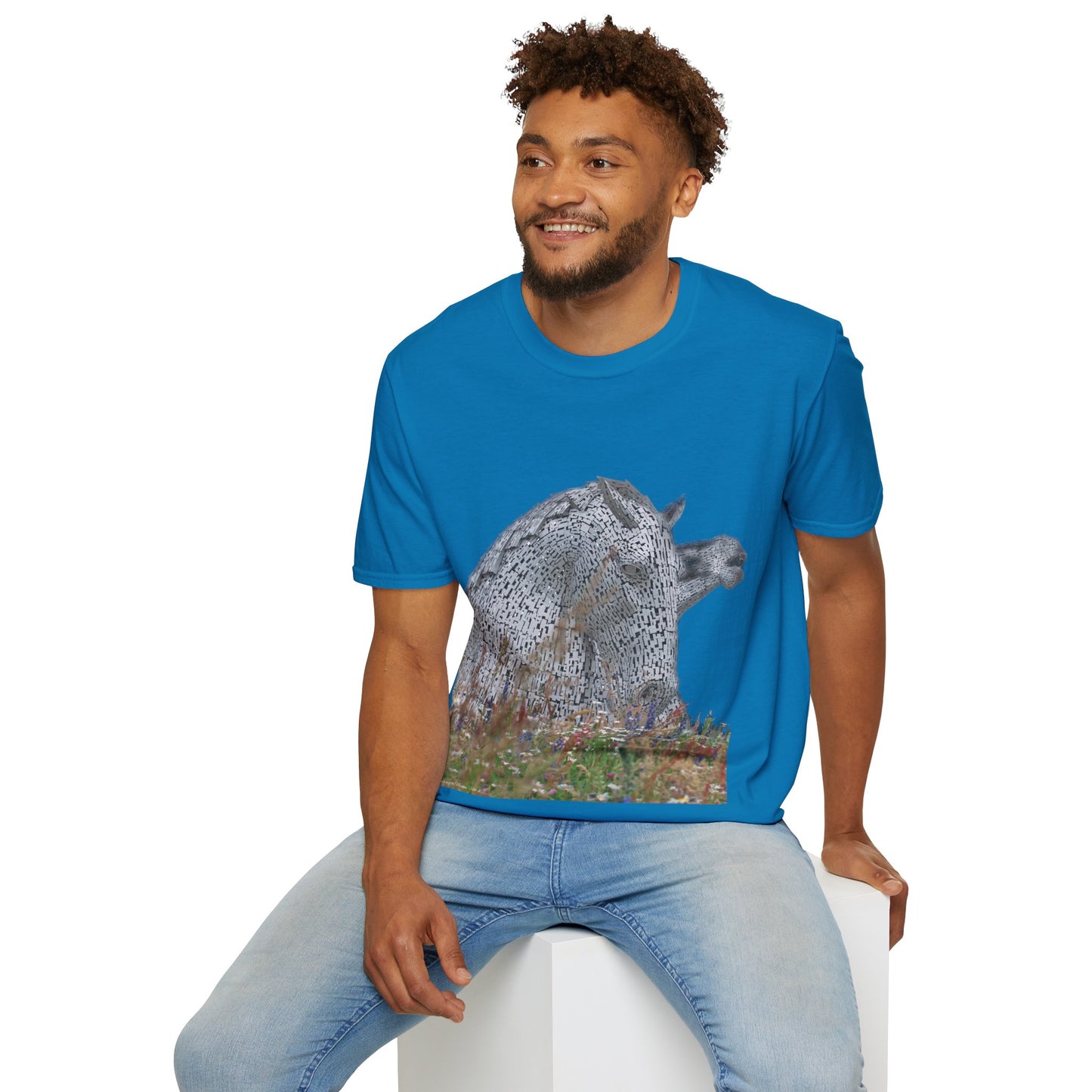 Kelpies with Meadow No Sky Photo Softstyle T-Shirt, Unisex Tee, Scottish Landmarks, Various Colours