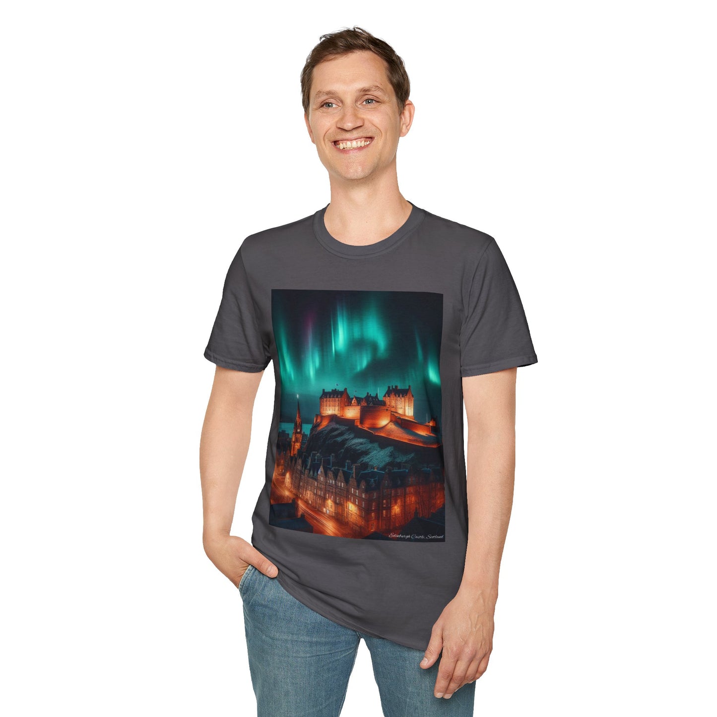 Edinburgh Castle with Northern Lights Softstyle Unisex T-Shirt, Scotland Tee