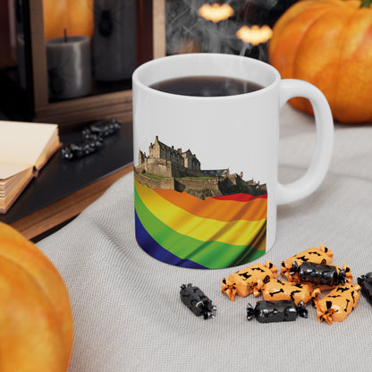 Pride Flag Rock Edinburgh Castle Photo Mug, White