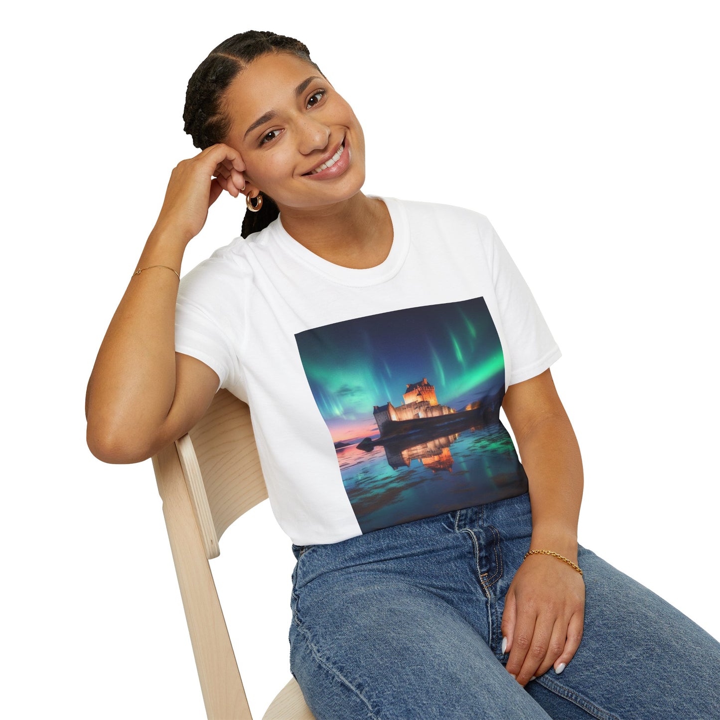 Eilean Donan Castle with Northern Lights Softstyle Unisex T-Shirt, Scotland Tee