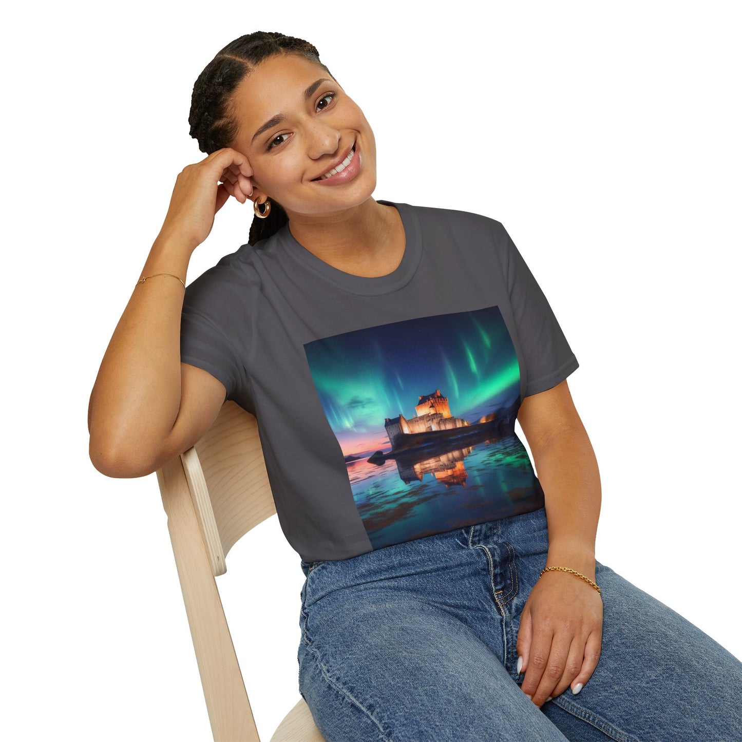 Eilean Donan Castle with Northern Lights Softstyle Unisex T-Shirt, Scotland Tee