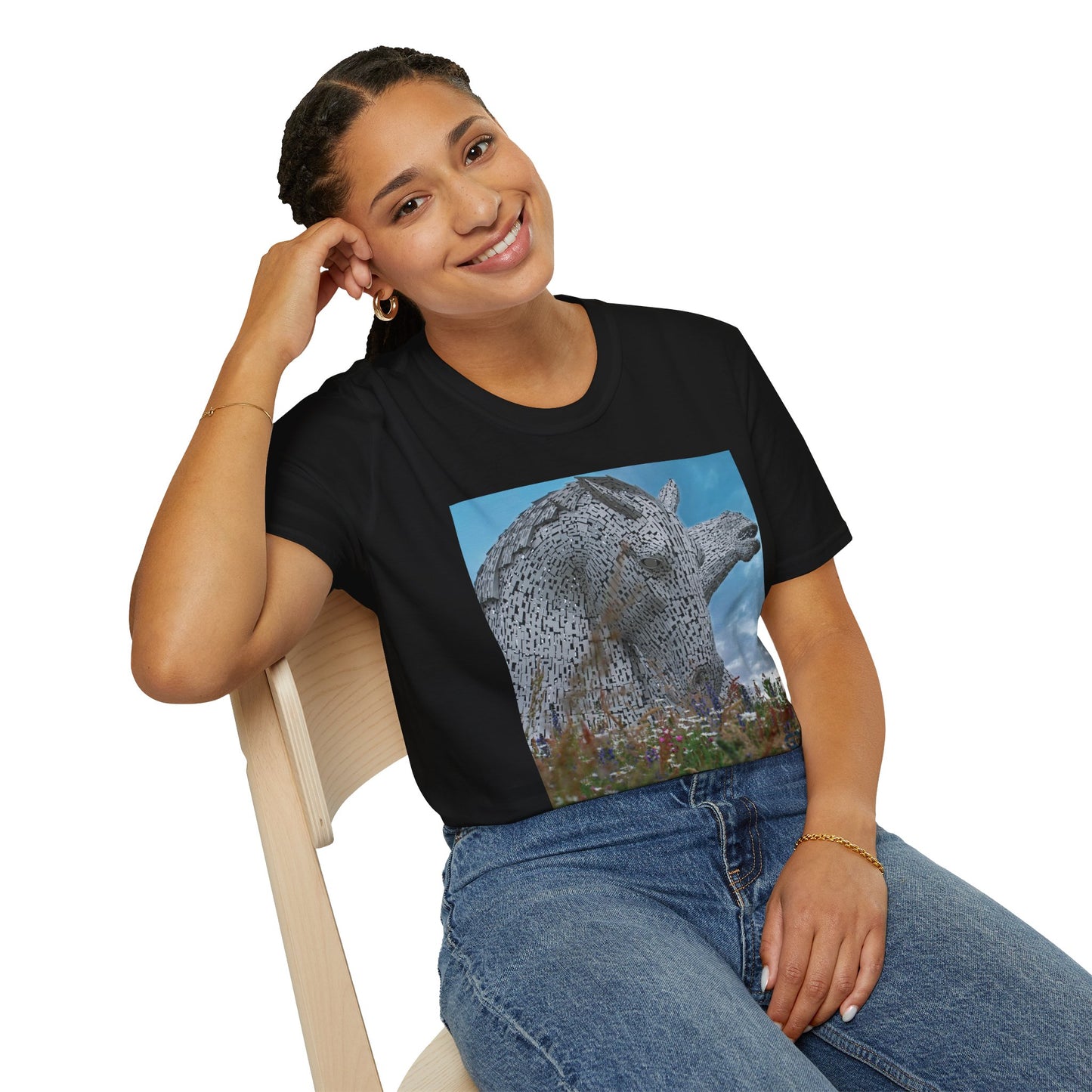 Scottish Kelpies with Meadow Photo Softstyle Unisex T-Shirt, Scotland Tee