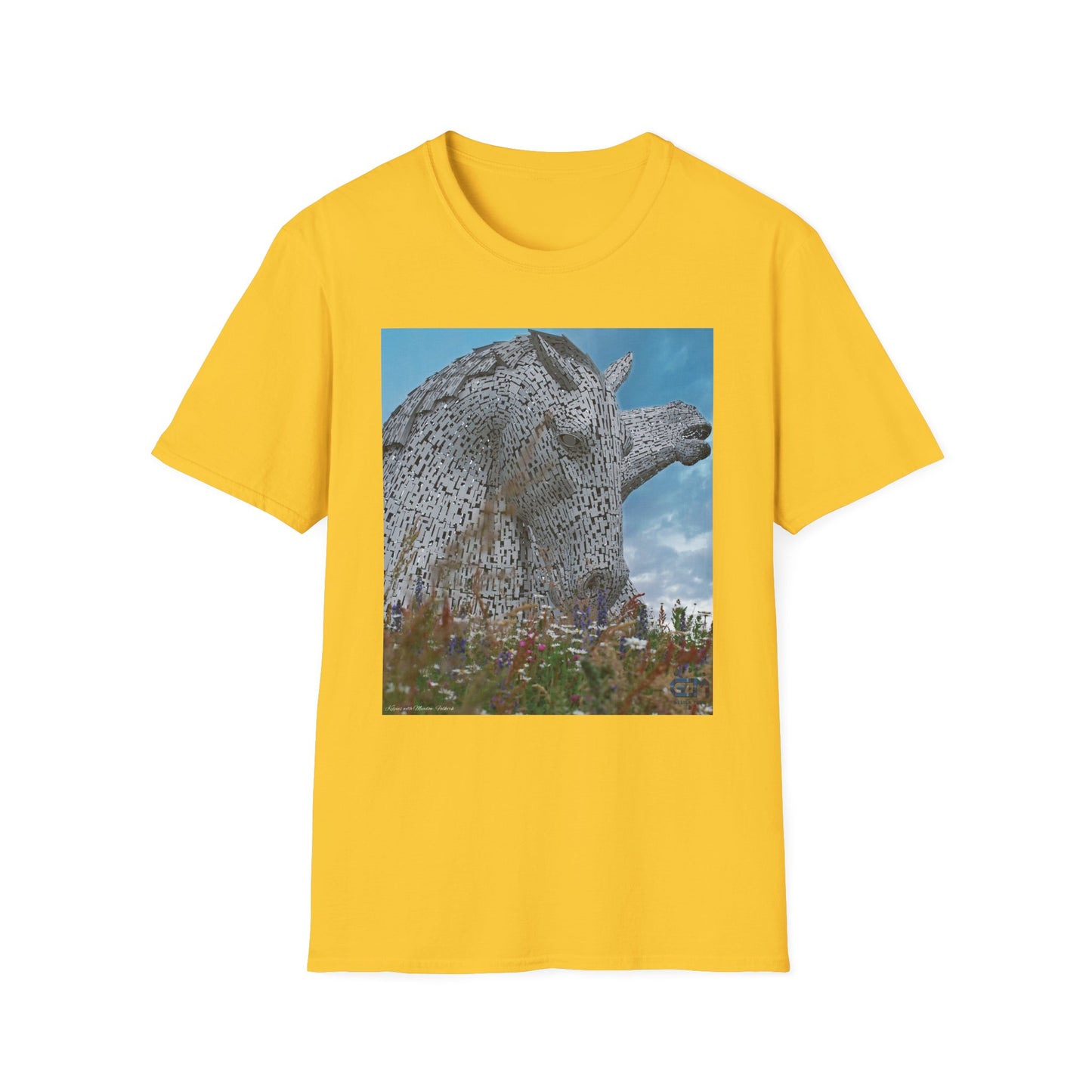 Scottish Kelpies with Meadow Photo Softstyle Unisex T-Shirt, Scotland Tee