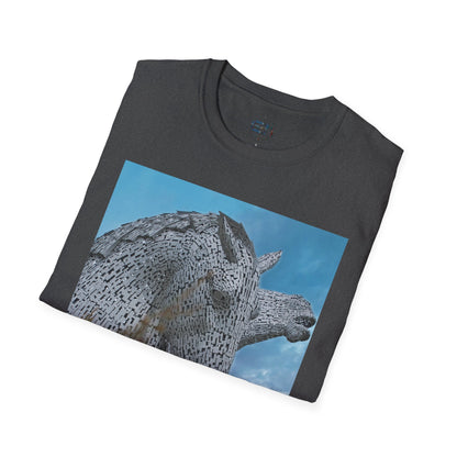 Kelpies with Meadow Photo Softstyle Unisex T-Shirt, Scottish Tee