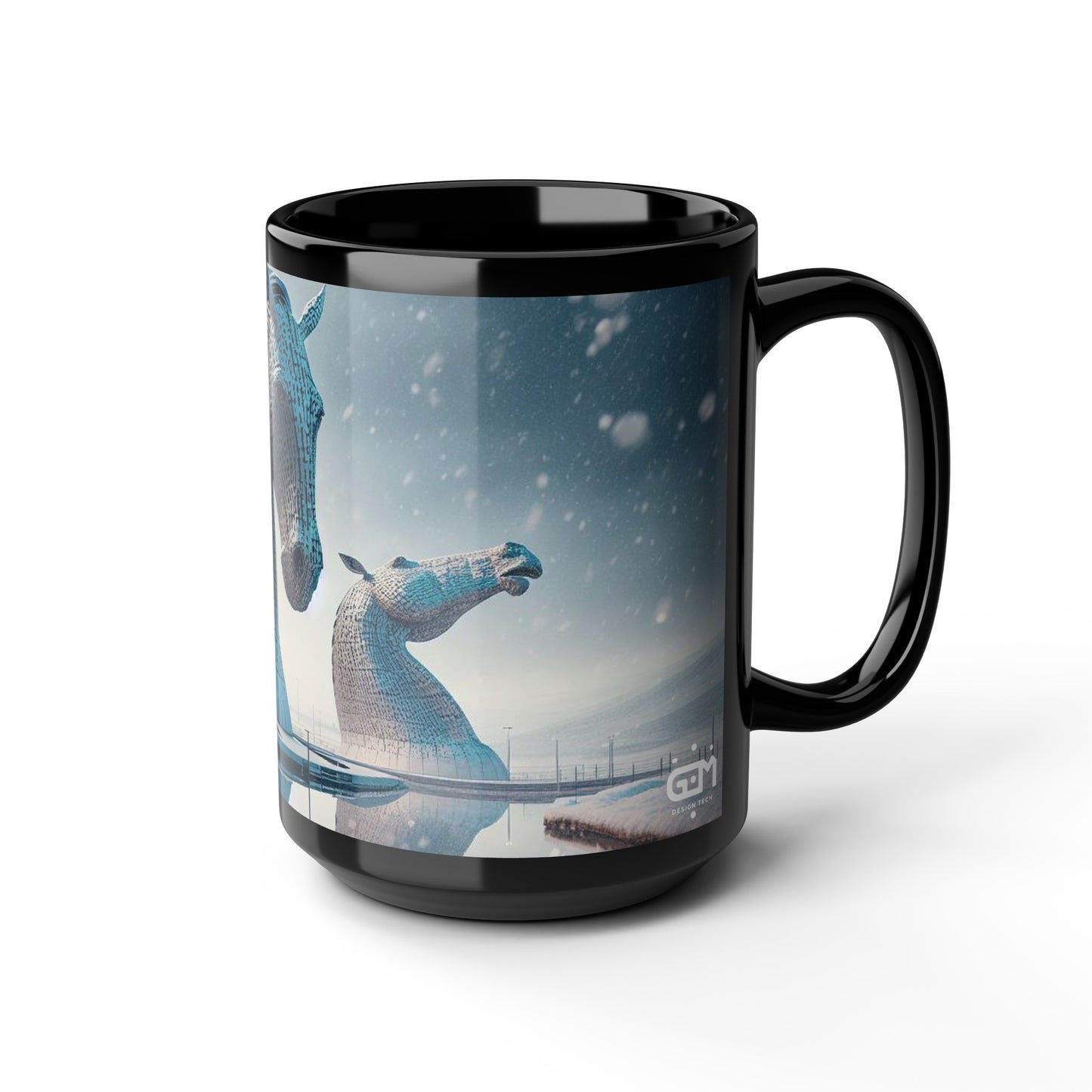 Kelpies in Winter Mug, Coffee Cup, Tea Cup, Scottish Art, Scottish Landmarks, Scottish Nature, Black