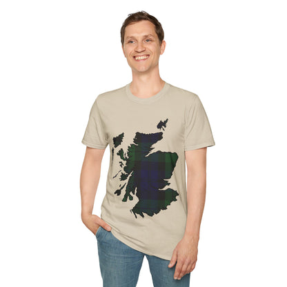 Scotland Tartan Map Softstyle Unisex T-Shirt, Black Watch Tartan, Various Colours