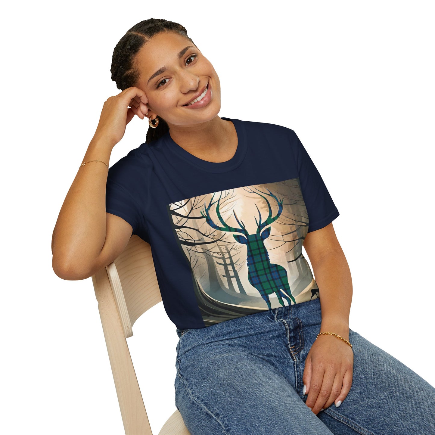 Stag Tartan Silhouette Softstyle T-Shirt - Flower of Scotland Tartan, Unisex Tee, Scottish Scenery, Various Colours