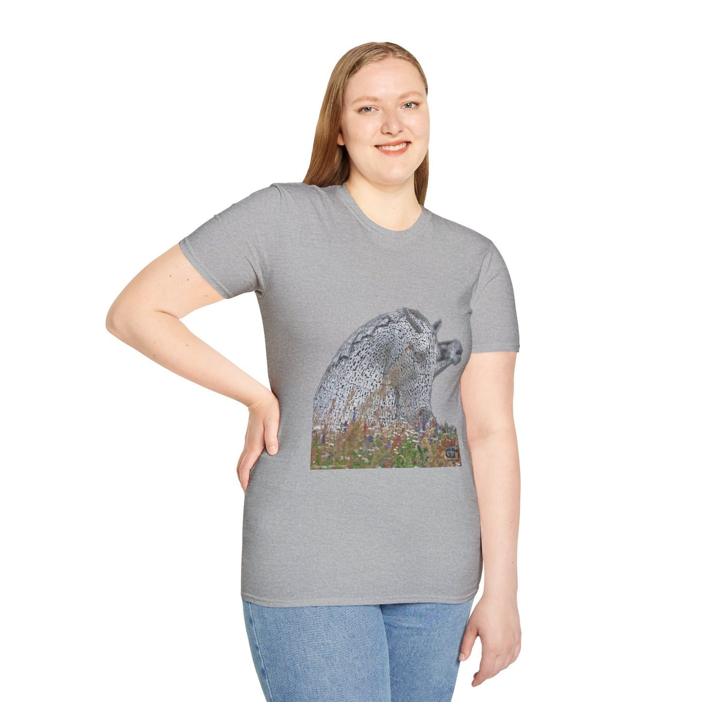 Scottish Kelpies with Meadow No Sky Photo Softstyle Unisex T-Shirt, Scotland Tee