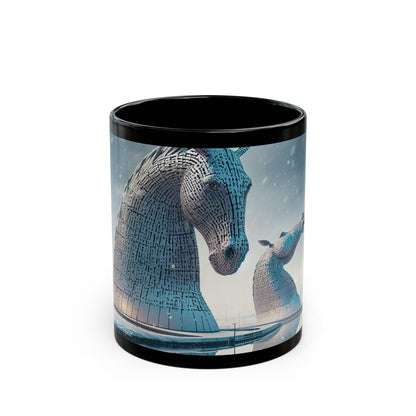 Kelpies in Winter Mug, Coffee Cup, Tea Cup, Scottish Art, Scottish Landmarks, Scottish Nature, Black