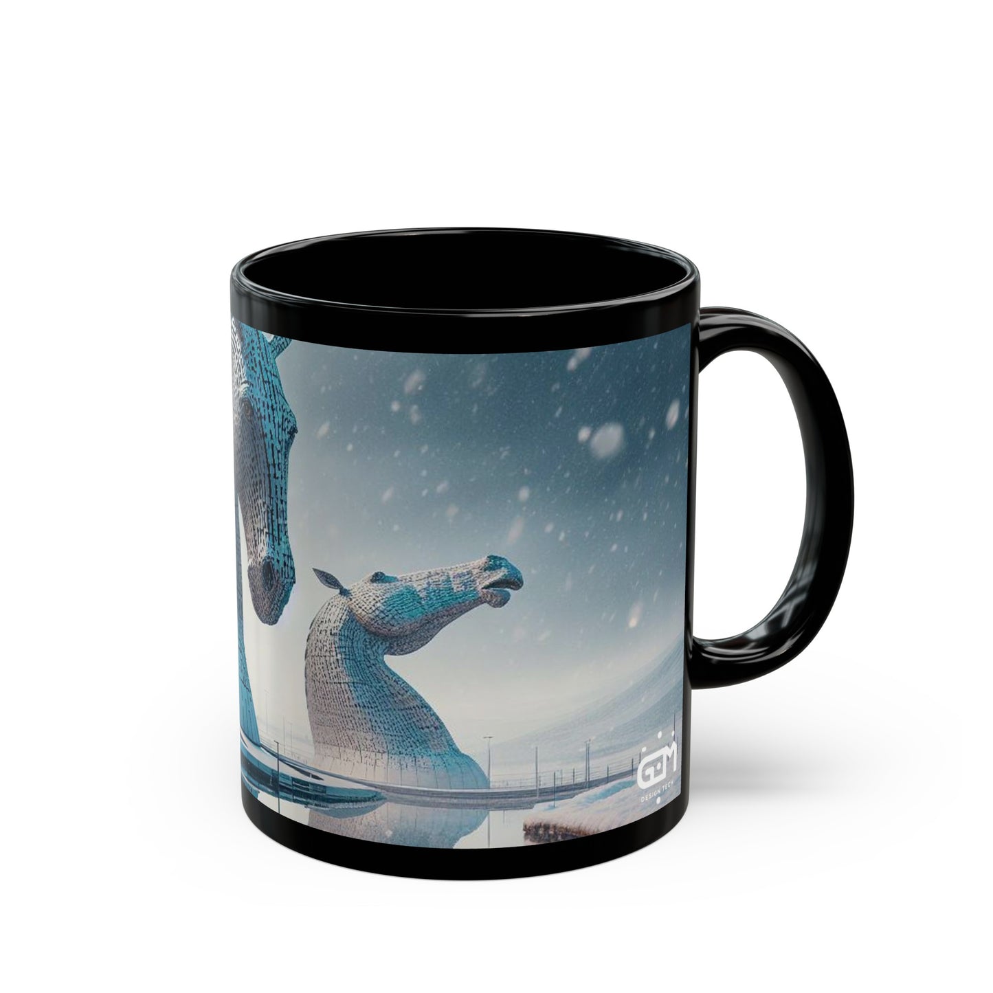 Kelpies in Winter Mug, Coffee Cup, Tea Cup, Scottish Art, Scottish Landmarks, Scottish Nature, Black