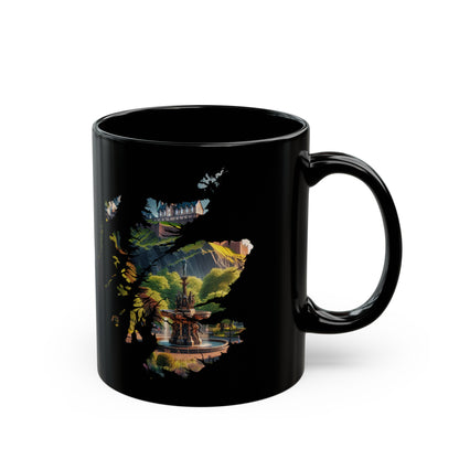 Edinburgh Castle with Fountain Scotland Map Mug, Coffee Cup, Tea Cup, Scottish Art, Scottish Nature, Scottish Landmarks, Black