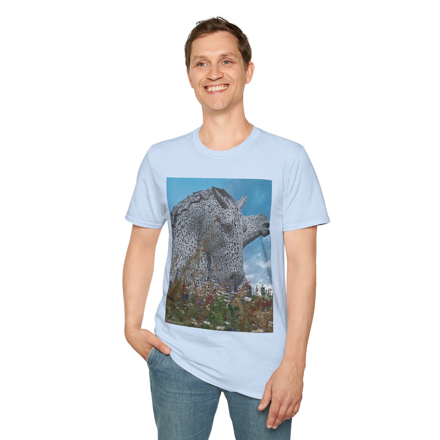 Kelpies with Meadow Photo Softstyle Unisex T-Shirt, Scottish Tee