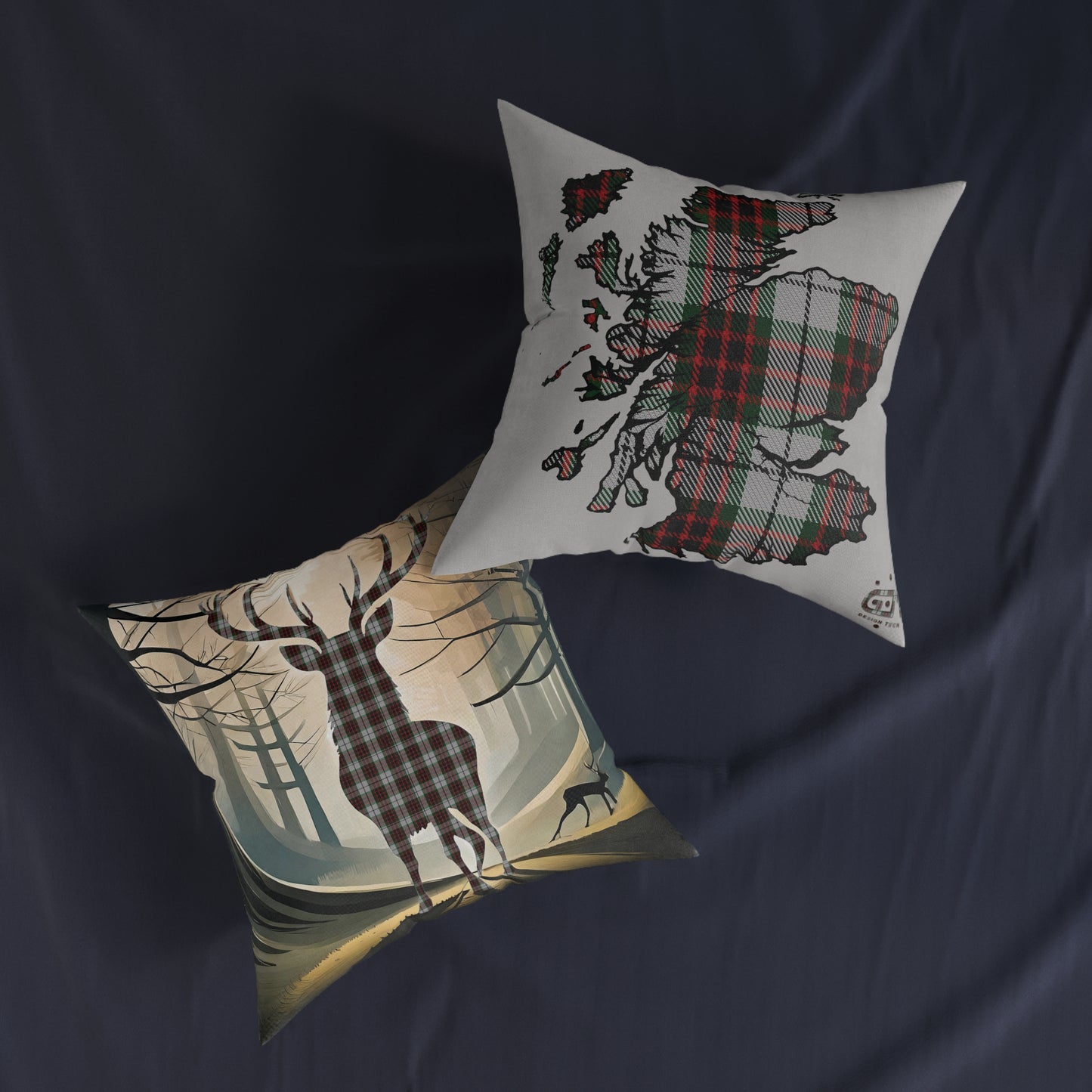 Reversible Square Cushion : Stag / Scotland Map - Fraser Tartan, Various Sizes