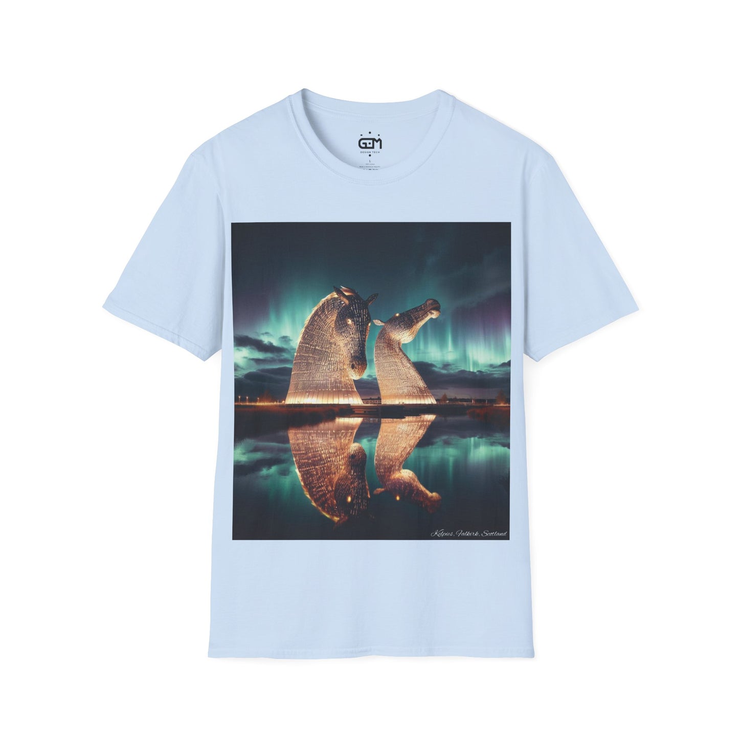 Kelpies with Northern Lights Softstyle T-Shirt, Unisex Tee, Scotland Shirt, Scottish Landmark, Nature, Scenery, Various Colours