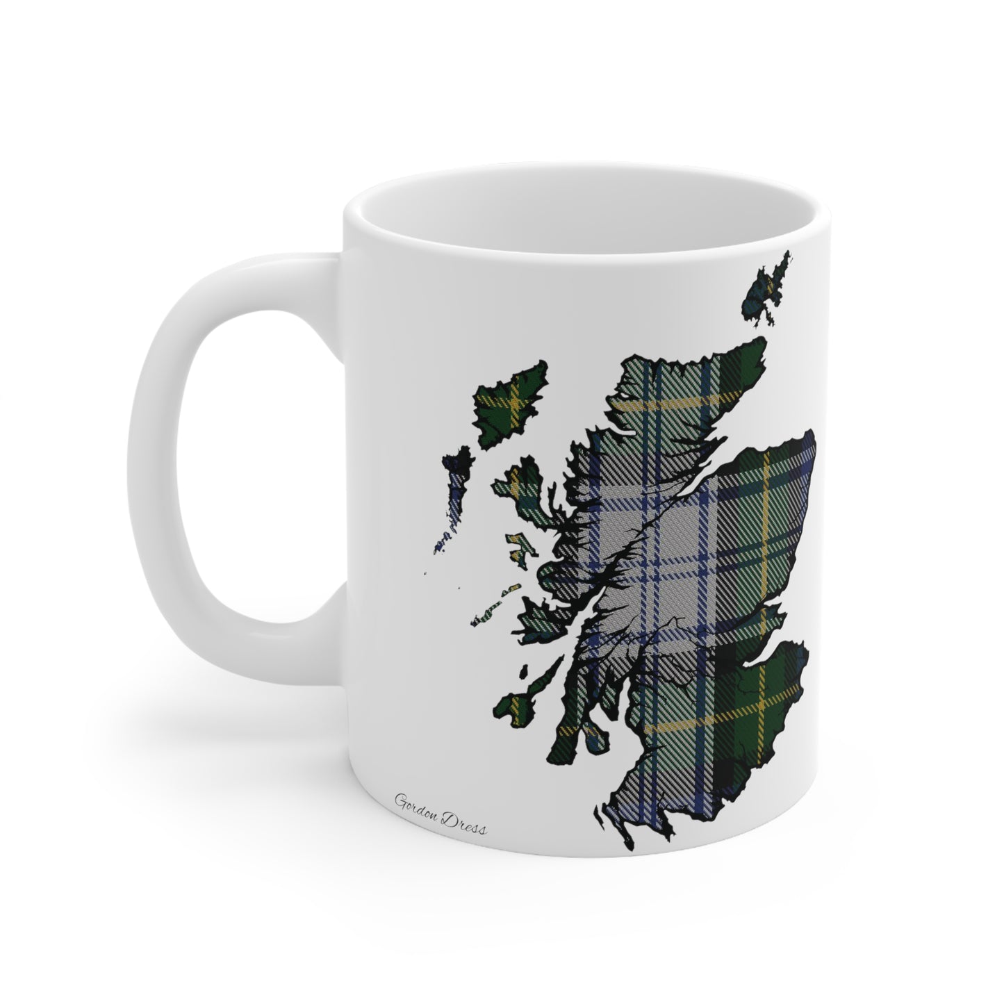 Gordon Dress Tartan Scotland Map Mug, Coffee Cup, Tea Cup, Scotland, White