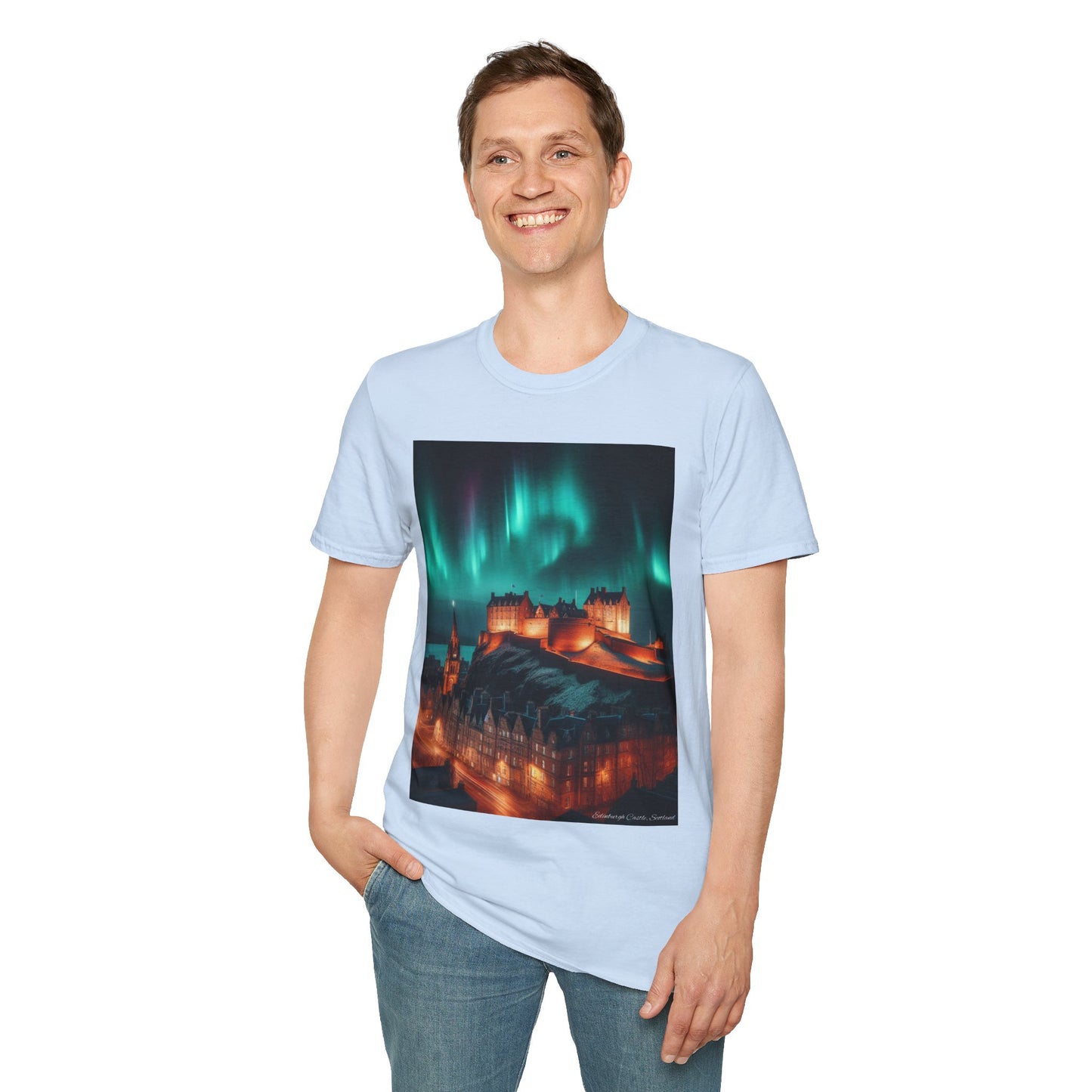 Edinburgh Castle with Northern Lights Softstyle Unisex T-Shirt, Scotland Tee