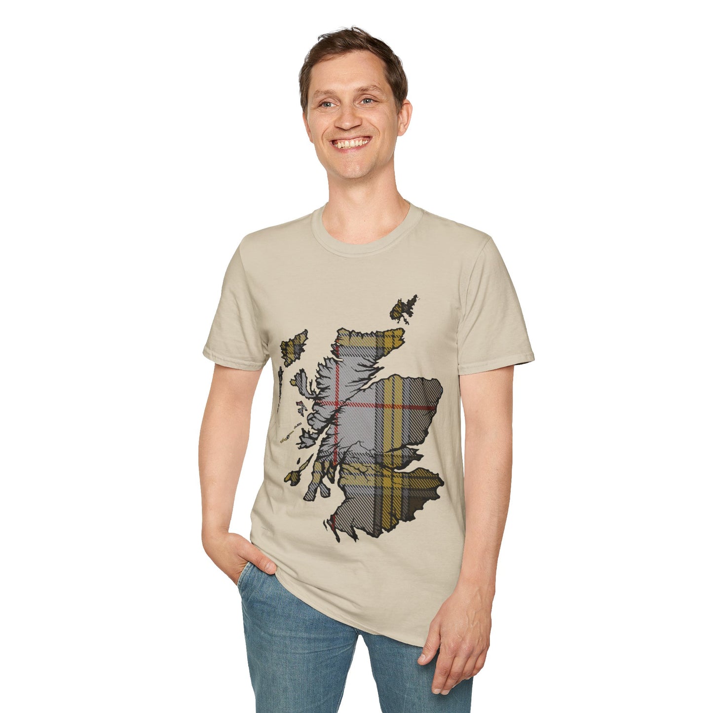 Scotland Tartan Map Softstyle Unisex T-Shirt, Buchanan Dress Tartan, Various Colours