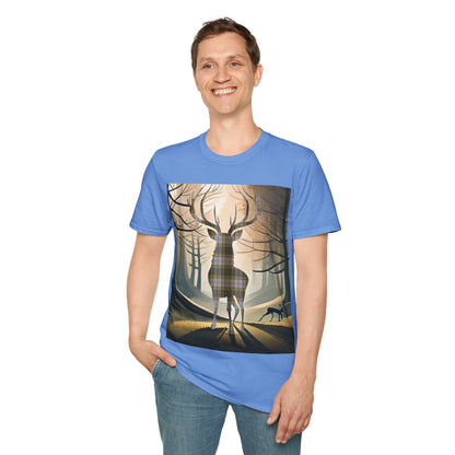 Stag Tartan Silhouette Softstyle T-Shirt - Buchanan Tartan, Unisex Tee, Scottish Scenery, Various Colours