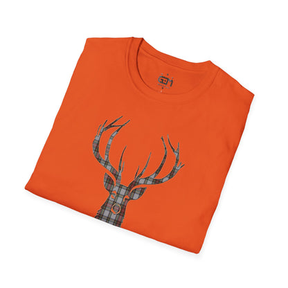 Tartan Stag Softstyle T-Shirt - Stewart Dress Tartan, Unisex Tee, Scottish Scenery, Various Colours