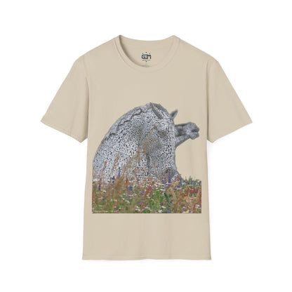 Kelpies with Meadow No Sky Photo Softstyle T-Shirt, Unisex Tee, Scottish Landmarks, Various Colours