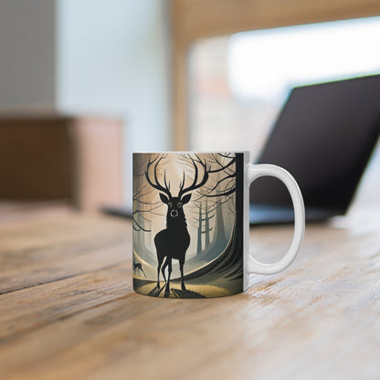 Stag Silhouette Woodland Scene Mug, Coffee Cup, Tea Cup, Scotland, White