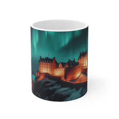 Edinburgh Castle Northern Lights Mug, Coffee Cup, Tea Cup, Scottish Art, Scottish Landmarks, Scottish Nature, White