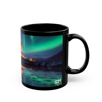 Eilean Donan Castle Northern Lights Mug, Coffee Cup, Tea Cup, Scottish Art, Scottish Landmarks, Scottish Nature, Black