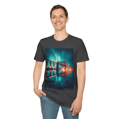 Forth Rail Bridge with Northern Lights Softstyle Unisex T-Shirt, Scotland Tee