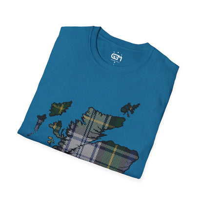 Scotland Tartan Map Softstyle Unisex T-Shirt, Gordon Dress Tartan, Various Colours