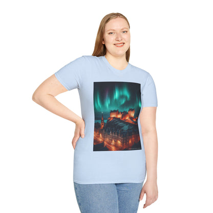 Edinburgh Castle with Northern Lights Softstyle Unisex T-Shirt, Scotland Tee