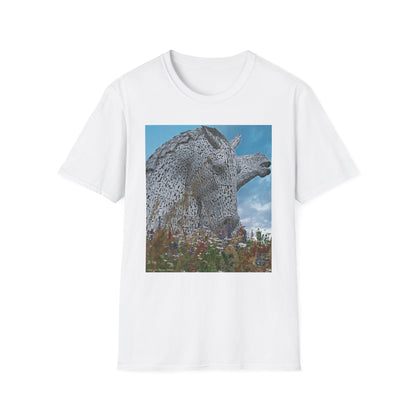 Scottish Kelpies with Meadow Photo Softstyle Unisex T-Shirt, Scotland Tee