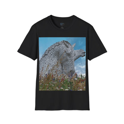 Kelpies with Meadow Photo Softstyle T-Shirt, Unisex Tee, Scottish Landmarks, Various Colours