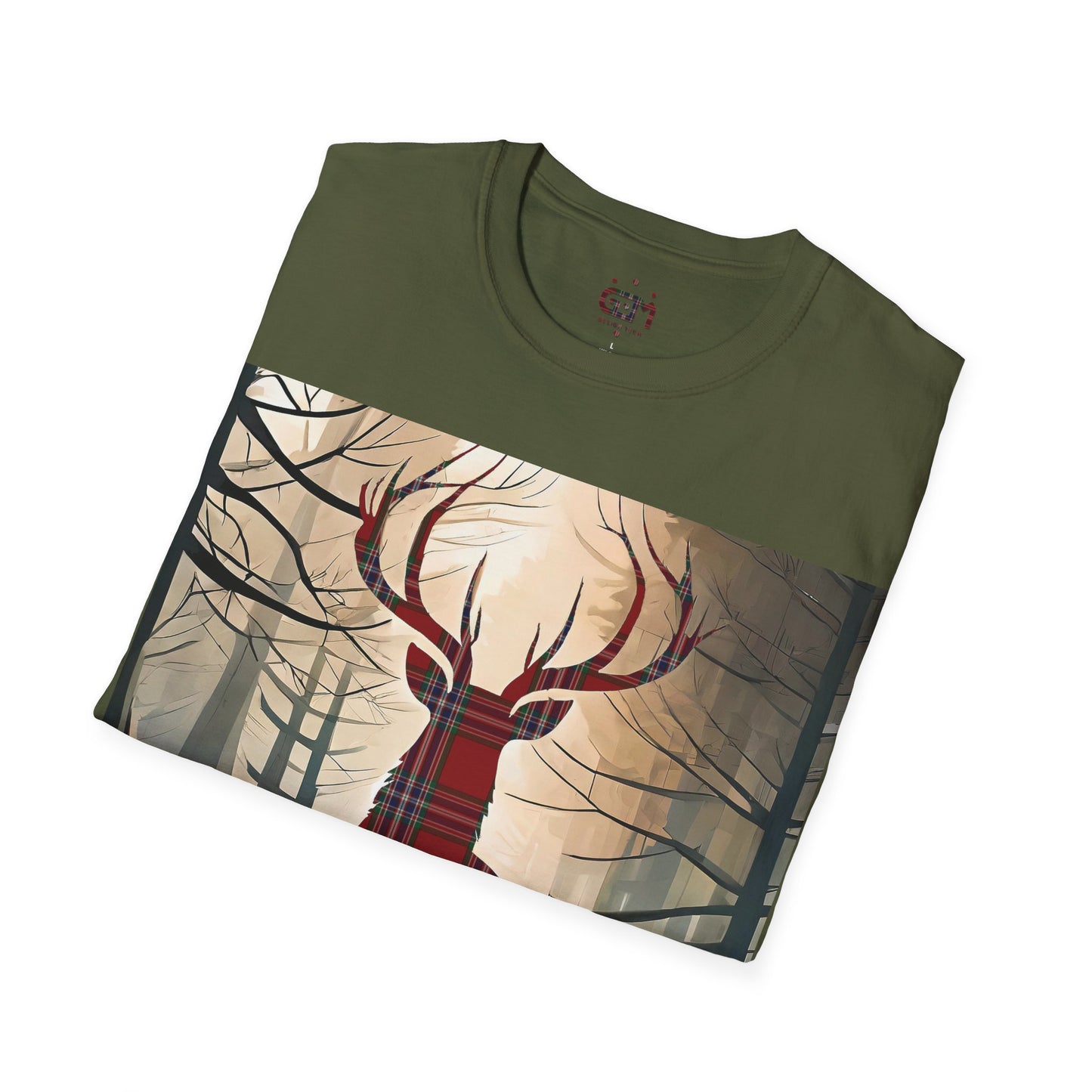 Stag Tartan Silhouette Softstyle T-Shirt - MacFarlane Tartan, Unisex Tee, Scottish Scenery, Various Colours